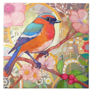 Orange Bird Girly Pink Spring Blume Fliese