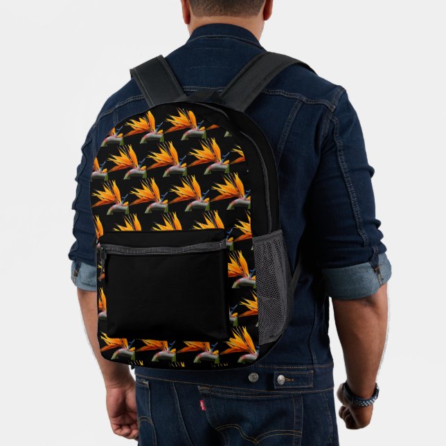 Orange Bird of Paradise Pflanze Pattern auf Schwar Bedruckter Rucksack (Insitu (Modell))