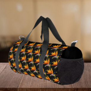 Orange Bird of Paradise Pflanze Pattern auf Schwar Duffle Bag