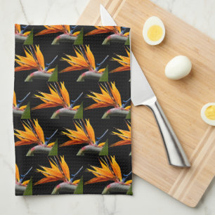 Orange Bird of Paradise Pflanze Pattern auf Schwar Geschirrtuch