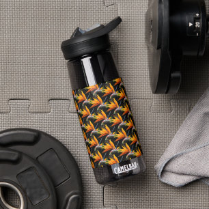 Orange Bird of Paradise Pflanze Pattern auf Schwar Trinkflasche
