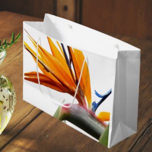 Orange Bird of Paradise Pflanze Pattern auf Weiß Große Geschenktüte