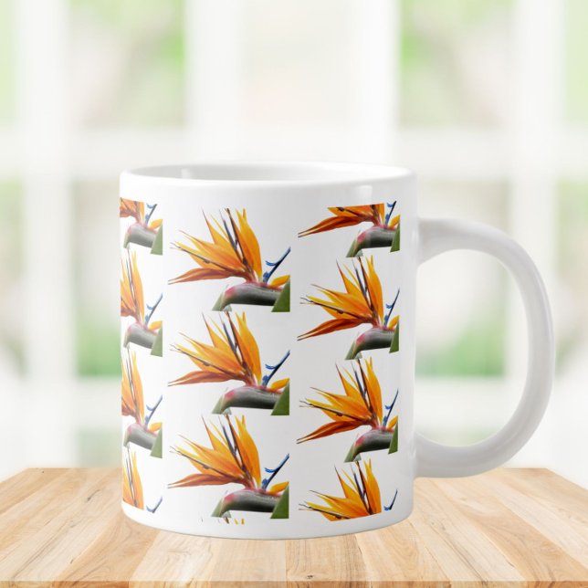 Orange Bird of Paradise Pflanze Pattern auf Weiß Jumbo-Tasse (In Situ)