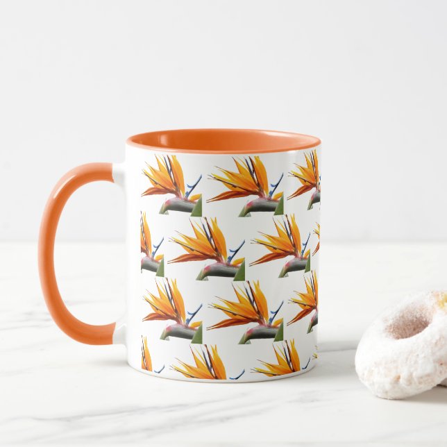 Orange Bird of Paradise Pflanze Pattern auf Weiß Tasse (Mit Donut)
