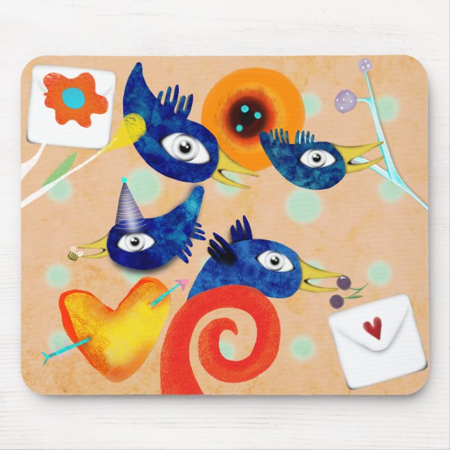 Orange Birthday Party Vögel Herz Mousepad (Vorne)