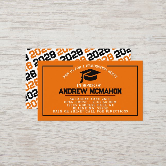 Orange & Black Abschluss Mini Abschluss Einladunge Visitenkarte (Orange & Black Mini Graduation Invitations for friends, classmates, teammates or announcement insert)