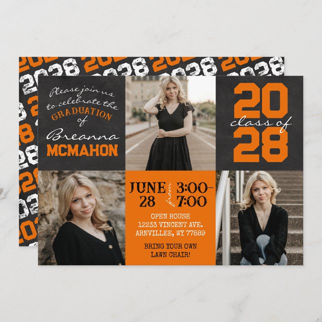 Orange & Black Chalkboard 3 Foto Abschluss Einladung (Unique Trendy Orange and Black Graduation 3 Photo Chalkboard Invitations)