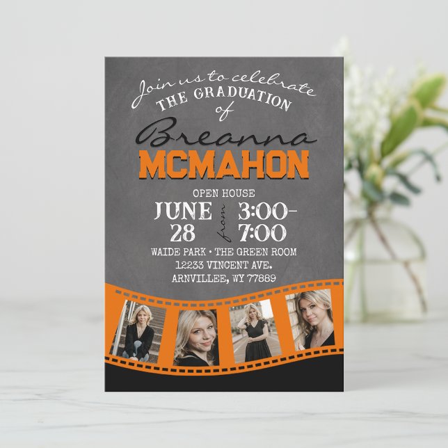Orange & Black Chalkboard Foto Filmstrip Grad Einladung ( Repeating Class Year 1 & 2 Photo Graduation Invitations & Announcements)