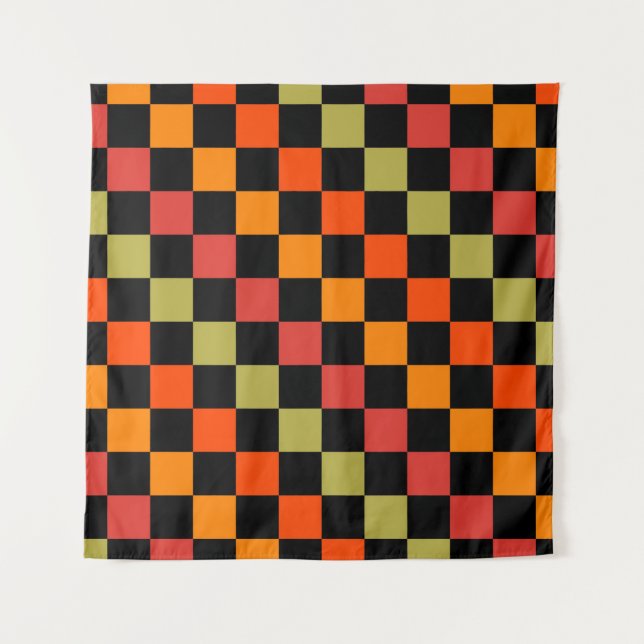 Orange Black Checkered Gingham Pattern Wandteppich (Vorderseite)