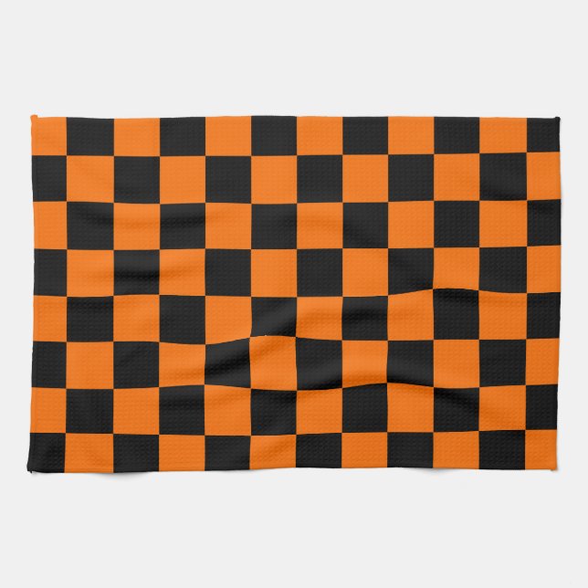 Orange Black Checkered Karo Pattern Geschirrtuch (Horizontal)