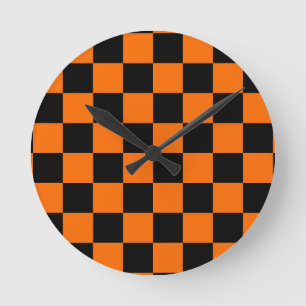 Orange Black Checkered Karo Pattern Runde Wanduhr