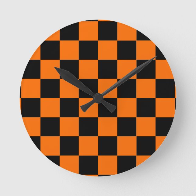 Orange Black Checkered Karo Pattern Runde Wanduhr (Vorderseite)