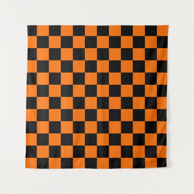 Orange Black Checkered Karo Pattern Wandteppich (Vorderseite)