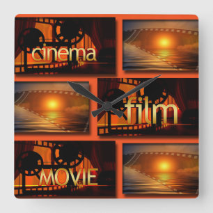 Orange & Black Cinema Film Movie Collage Quadratische Wanduhr