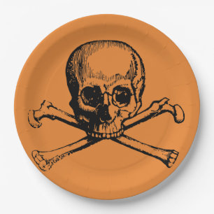 Orange Black Cool Pirate Skull Halloween-Party Pappteller