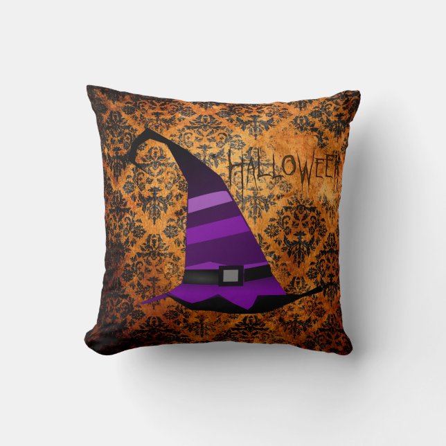 Orange & Black Damask Halloween Hexenpilz Kissen (Vorderseite)