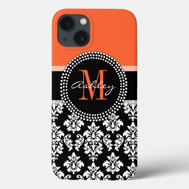 Orange Black Damask Muster Monogram Case-Mate iPhone Hülle (Rückseite)