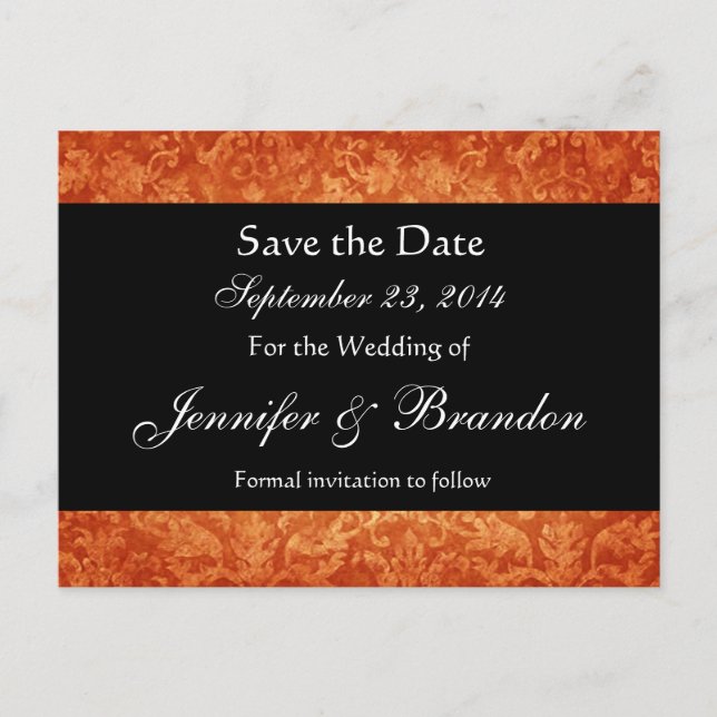Orange & Black Damask Save the Date Postkarte (Vorderseite)