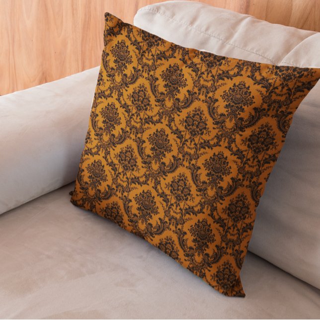 Orange Black Damask Verziertes Vintages Halloween Kissen (Von Creator hochgeladen)