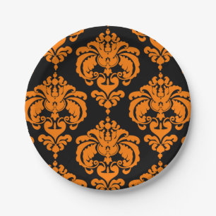 Orange & Black Damask Vintage Wedding Event Party Pappteller