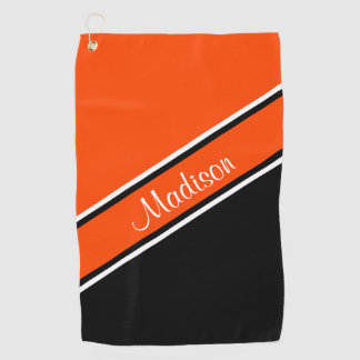 Orange Black Diagonal Strip Script Name Golfhandtuch