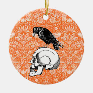Orange Black, ein Crow oder Raven und Skull Hallow Keramik Ornament
