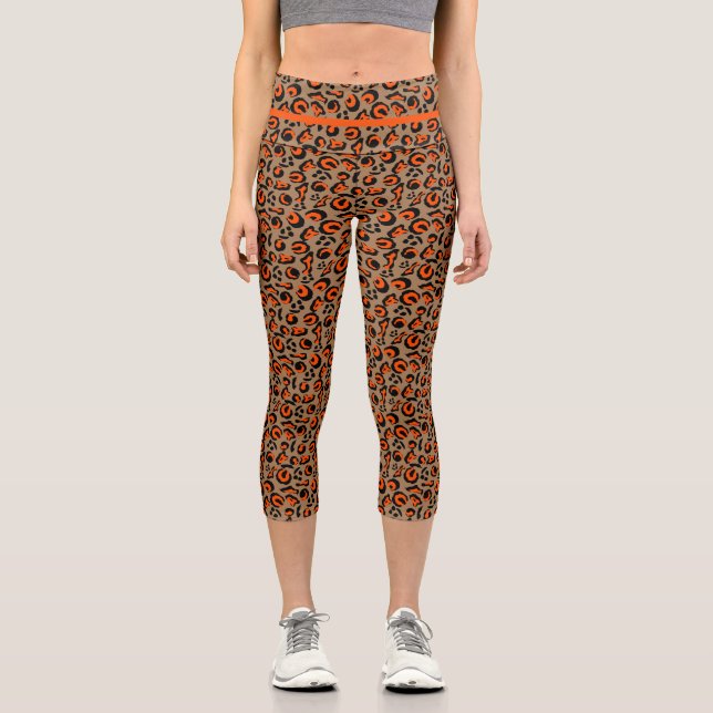Orange Black Fashion Leopard Print Design Capri Leggings (Vorderseite)