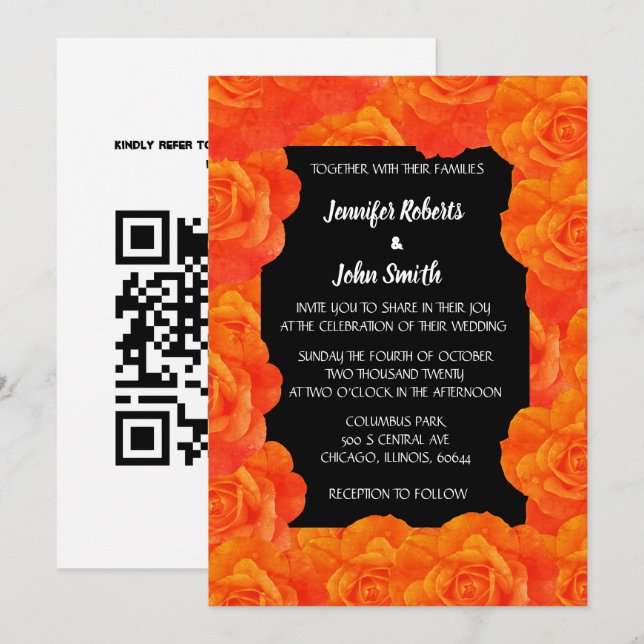 Orange Black Floral QR Code Rose Blume Hochzeit Einladung (Vorne/Hinten)