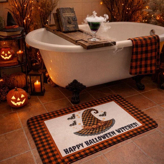 Orange & Black Gingham Halloween Hexenhut Willkomm Badematte (Von Creator hochgeladen)
