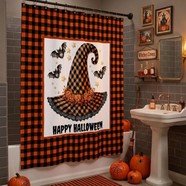 Orange & Black Gingham Halloween Witch Hat & Bats Duschvorhang (Von Creator hochgeladen)