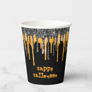 Orange Black Glitzer Tropfen Happy Halloween Pappbecher