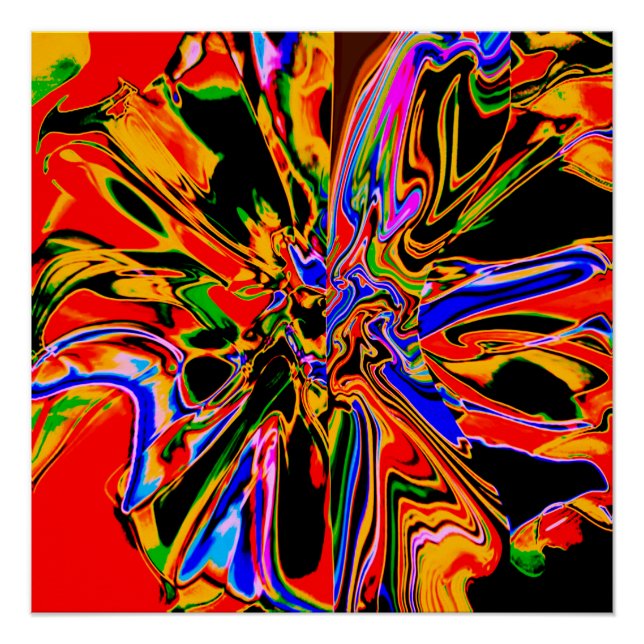 Orange, Black, Gold, Blue Psychedelic Blume Poster (Vorderseite)