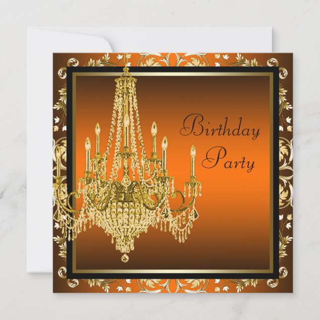 Orange Black Gold Damask Chandelier Birthday Party Einladung (Vorderseite)
