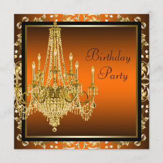 Orange Black Gold Damask Chandelier Birthday Party Einladung