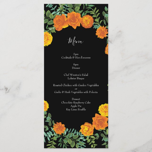 Orange & Black Gothic Peony & Rose Wedding Menu Menükarte (Vorderseite)