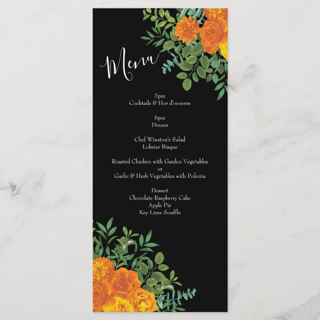 Orange & Black Gothic Peony & Rose Wedding Menu Menükarte (Vorderseite)
