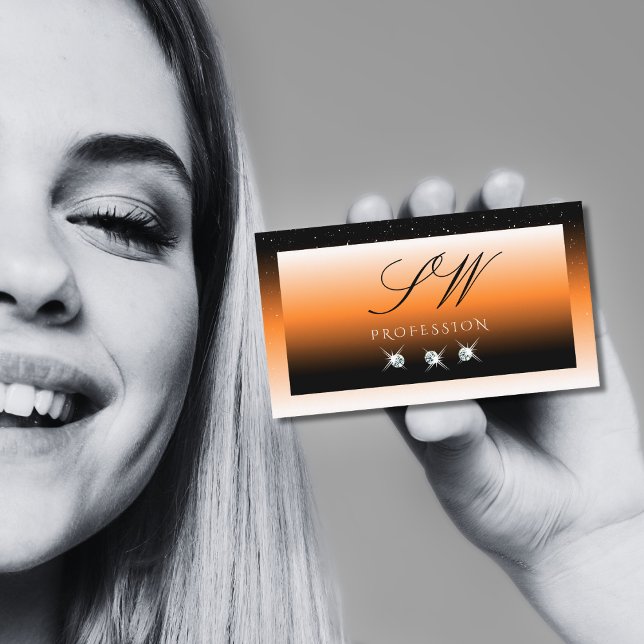 Orange Black Gradient Sparkling Diamonds Monogram Visitenkarte (Von Creator hochgeladen)