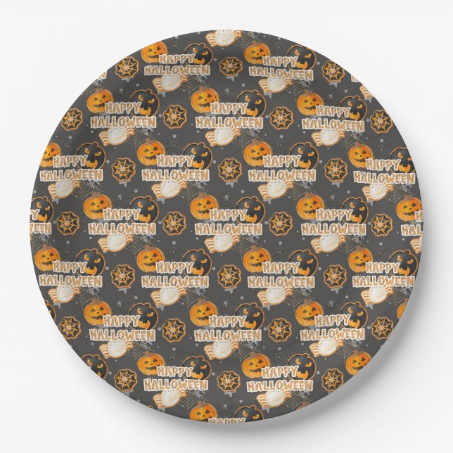 ORANGE BLACK GRAY HAPPY HALLOWEEN PUMPKINS PAPPTELLER (Vorderseite)