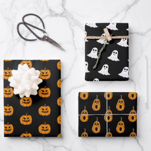 Orange Black Halloween Geist und Kürbislaterne Geschenkpapier Set