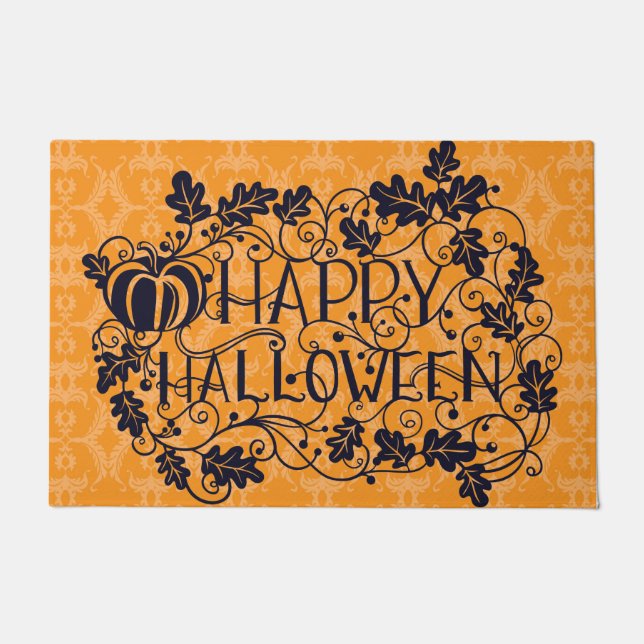 ORANGE & BLACK HAPPY HALLOWEEN PUMPKINS VINES FUßMATTE (Vorderseite)