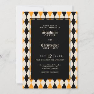 Orange Black Harlequin Halloween Hochzeit Einladung