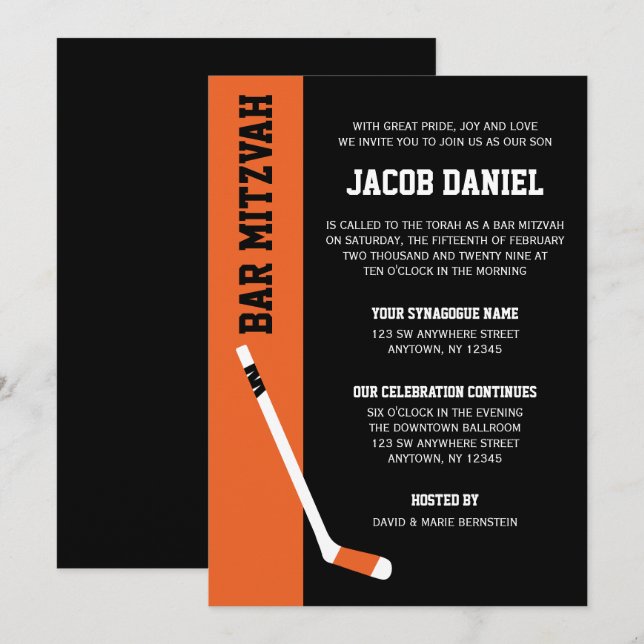 Orange Black Hockey Bar Mitzvah Einladung (Vorne/Hinten)