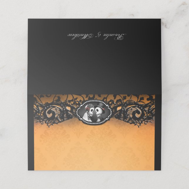 Orange Black Lace Elegante Hochzeitselette Platzkarte (Außenseite Aufgefaltet)