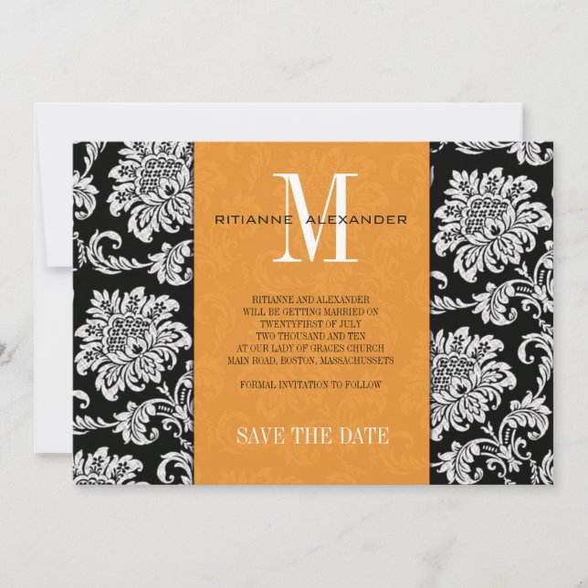 Orange Black Monogram Damask Wedding Save the Date Einladung (Vorderseite)