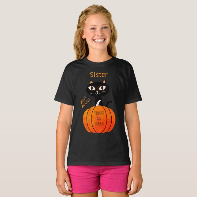 Orange & Black Niedlich Cat Girl Family Halloween T-Shirt (Vorne ganz)
