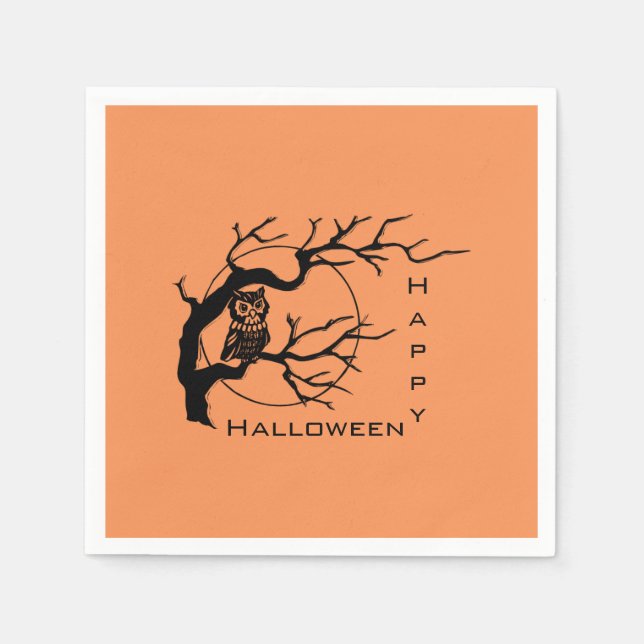 Orange & Black Owl Happy Halloween Paper Napkins Serviette (Vorderseite)