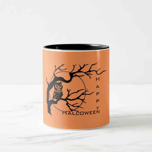 Orange & Black Owl Happy Halloween Tasse (Mittel)