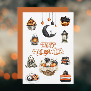 Orange Black Pumpkins Ghosts Happy Halloween Feiertagskarte