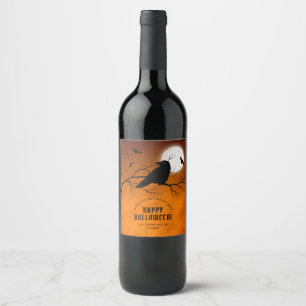 Orange Black Raven Bats Full Moon Halloween-Party Weinetikett