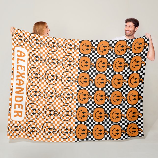 Orange Black Retro Rad Pumpkin Checkered Halloween Fleecedecke (Beispiel)
